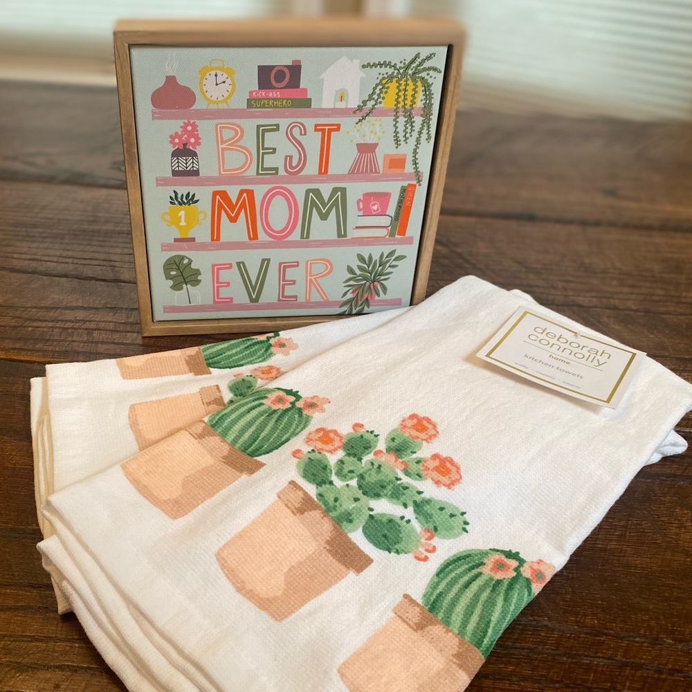 Best Mom Ever Plant Wall Decor Sign & Cactus Kitchen Towels Set of 2